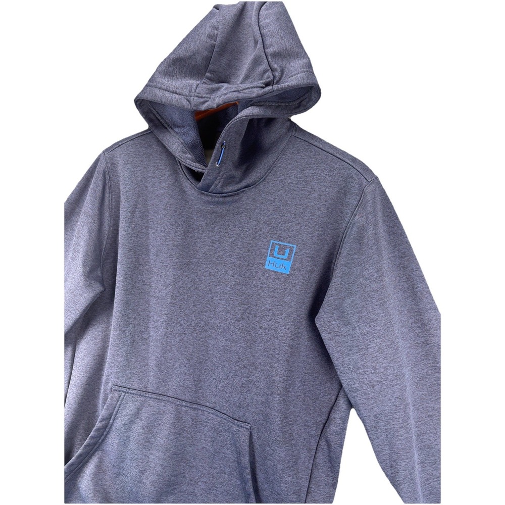 Huk Fishing Hoodie Heather Blue Performance Fleece Pullover Sweatshirt Outdoor S - Picture 6 of 12